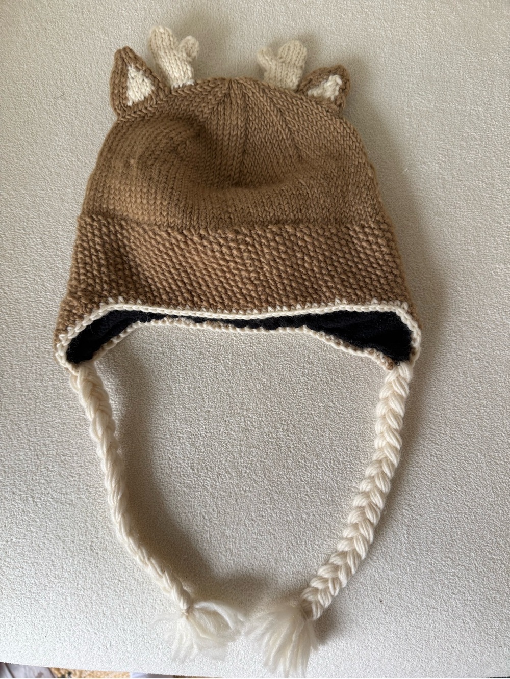 Kids Deer Earflap Knit Hat in Brown and Cream